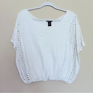 LOVE Women’s White Short Sleeve Pointelle Eyelet Blouse